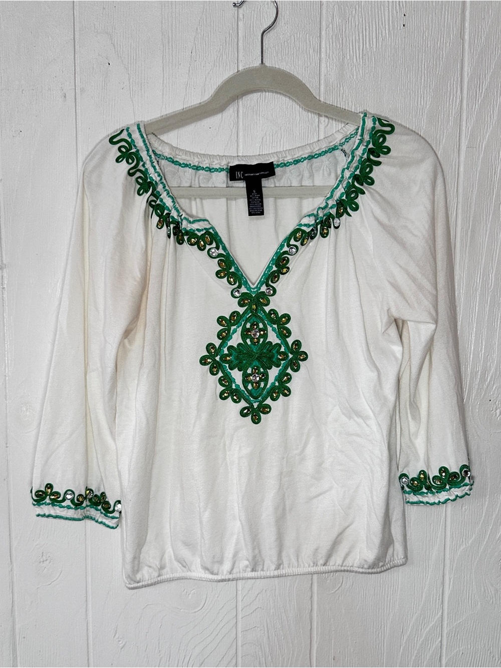 INC White Embroidered with Sparkling Embellishment  V-Neck Women's Top Size S